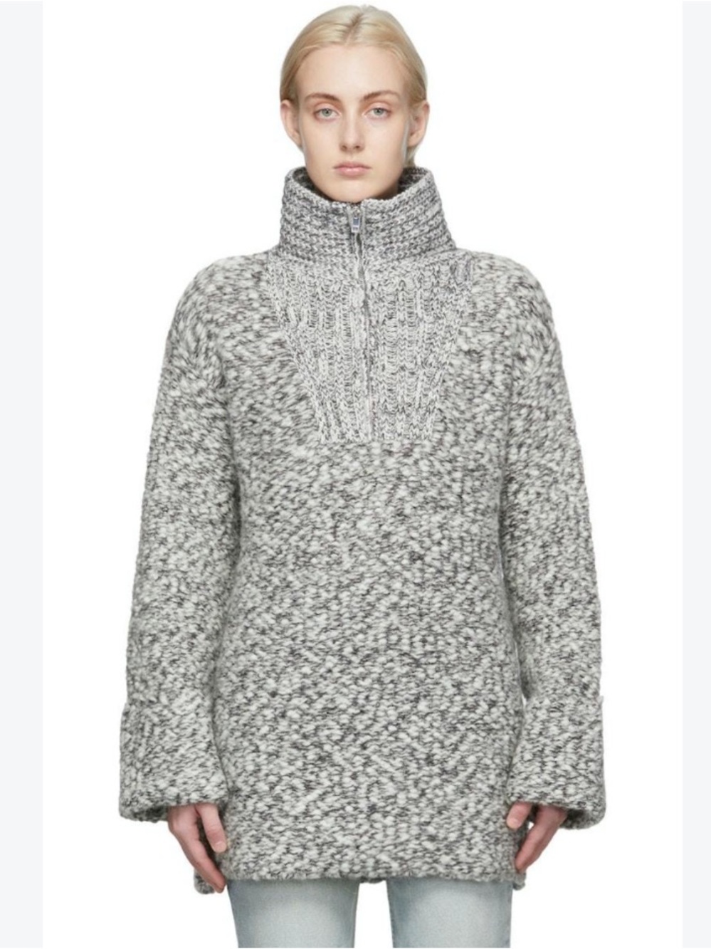 GANNI Sweater Mouline Half-Zip Chunky Knit in Grey